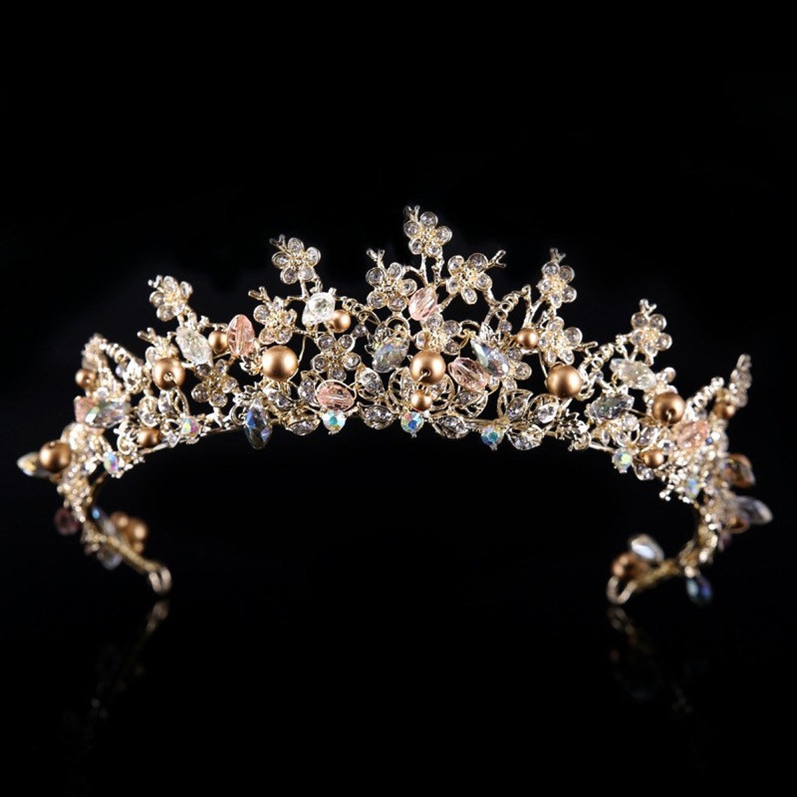 Gold Metal Crystal Beaded Flower Crown Bridal Tiara Tiara Etsy