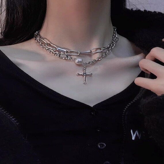 Double Layered Pearl Cross Paperclip Chain Necklace Mens Pearl
