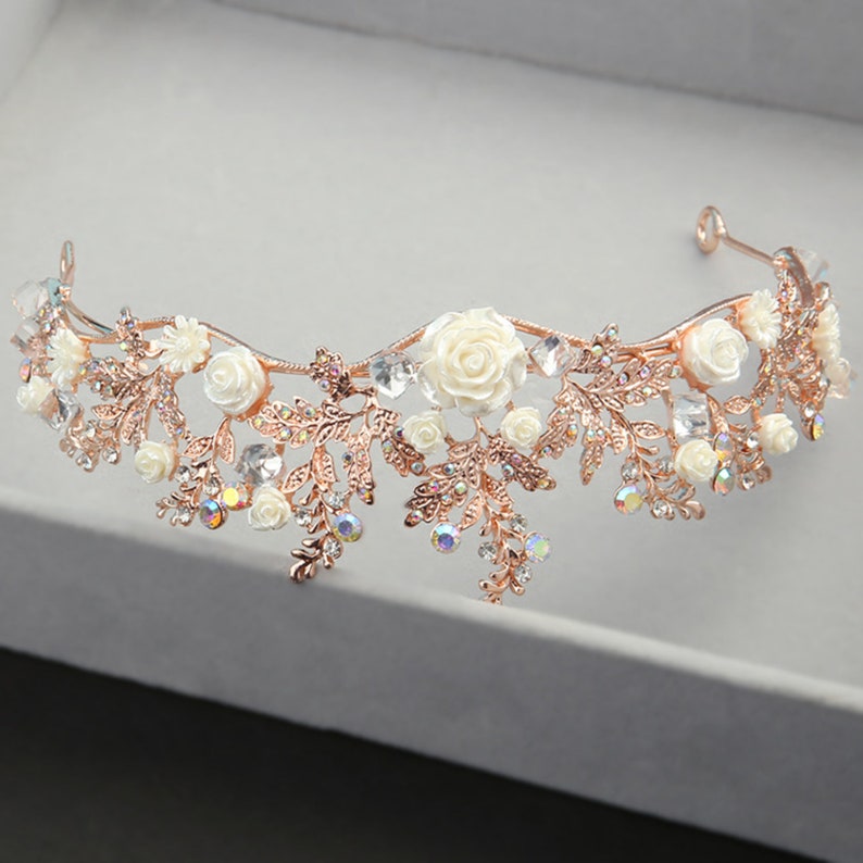 Rose Gold Flower Tiara Bride Flower Tiara Bridal Wedding Etsy