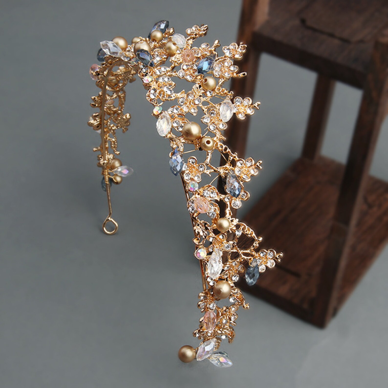 Gold Metal Crystal Beaded Flower Crown Bridal Tiara Tiara Etsy