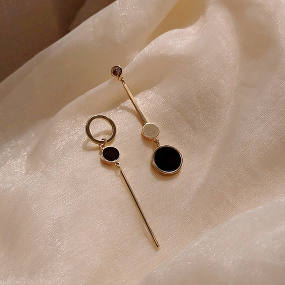 Black Circle Gold Drop Dangle Earrings Asymmetric Earrings