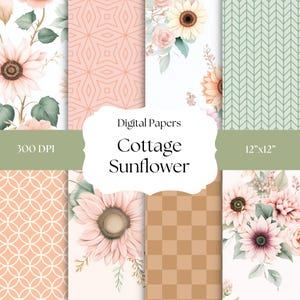 Soft Floral Patterns, Cottage Sunflower 12”x12, Shabby Chic Digital Backgrounds, Seamless, Printable Digital Papers, Fall Trending Patterns