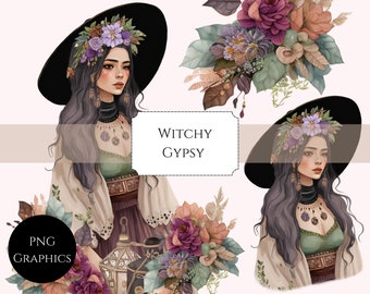 Watercolor Clipart, Mystical Witch, Pngs, Gypsy Woman, Commercial Use Clipart, Scrapbooking, Magical, Sticker Graphics, Witchy Graphics