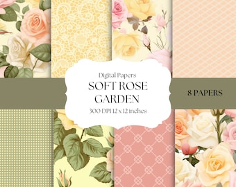 Soft Spring Color Digital Papers, Pink, Green & Yellow Digital Backgrounds, Seamless, Pastel Roses Digital Papers, Sublimation Graphics
