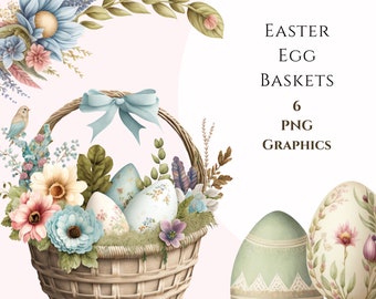 Clipart de paniers de Pâques, graphiques de printemps PNG, graphiques de fleurs, Sublimation de Pâques, graphiques aquarelle, oeufs de Pâques, printemps Clipart, numérique