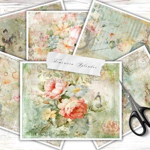 Timeworn Splendor Printable Scrapbook Papiere, Vintage Blumen & Lady Designs, 6 Seiten für Journals, Mix Media, Art Journal, Rokoko Stil