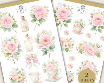 Blush Cottage Garden Stickers Set #4 – Floral Mini Sticker Set, Pink Rose Stickers, Cottagecore Planner Stickers (2 Sheets)