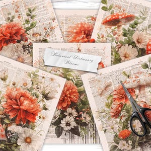 Botanical Dictionary Blooms Junk Journal Papers, Vintage Floral & Mushroom Pages, Printable Mix Media Papers, Scrapbooking, Collage Sheets