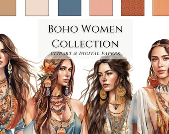BOHO Clipart, Women Graphics, PNGs, Scrapbooking, Digital Planner, Sticker Graphics, Boho Digital Papers, Boho Watercolor Graphics