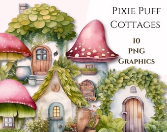 Clipart aquarelle, Cottagecore, Pngs, Pixie Cottages, Clipart à usage commercial, Scrapbooking, Champignons, Graphiques planificateur, Maisons de fées