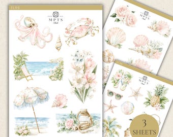 Blush Tides Beach Stickers Set, Coastal Planner Stickers, Summer Scrapbook Stickers, Ocean Journal Stickers, Mini Sticker Kit