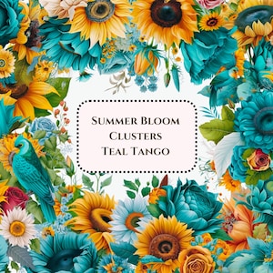 Watercolor Clipart, Teal and Yellow Flower Clusters, Pngs, Commercial Use Clipart, Scrapbooking, Trending Flower Graphics, Sticker Graphics
