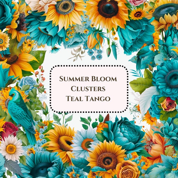 Aquarell Clipart, Türkis und Gelb Blumen Cluster, Pngs, Kommerzielle Nutzung Clipart, Scrapbooking, Trending Blumen Grafiken, Aufkleber Grafiken