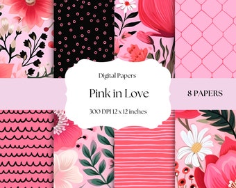 Papiers numériques Pink in Love, Fond transparent de la Saint-Valentin, Coeurs et tourbillons roses, Modèles de sublimation Pink Tumbler,