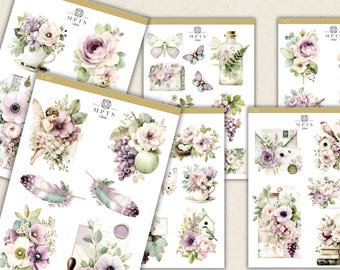 Blushing Garden Stickers – Floral Junk Journal Stickers, Vintage Botanical Planner Stickers, Shabby Chic Sticker Sheets - Full Collection