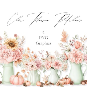 Pastell Herbstblumen mit Kürbissen und Kannen, PNG-Grafiken, Herbst Clipart, Sublimationsbilder, Herbstblumenarrangements, kommerzielle Nutzung