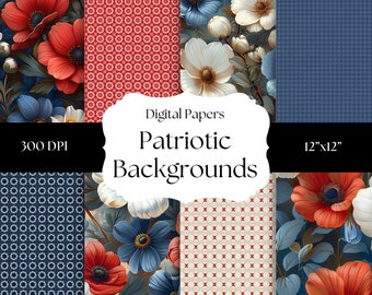 Papiers numériques patriotiques vintage, arrière-plans transparents, 4 juillet, motifs estivaux, motifs rouges, blancs et bleus, fleurs