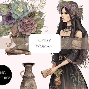 Imágenes Prediseñadas de acuarela, Bruja Mística, Pngs, Mujer Gitana, Imágenes Prediseñadas de uso comercial, Scrapbooking, Gráficos Mágicos, Gráficos de pegatinas, Brujería