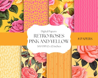 Pink and Yellow Digital Papers, Pink Roses Backgrounds, Seamless, Printable Digital Papers, Retro Patterns, Printable Papers, Scrapbooking