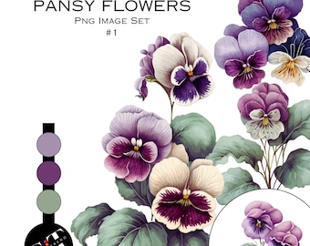 Watercolor Clipart, Pansy Flowers, Pngs, Purple, Commercial Use Clipart, Scrapbooking, Flowers, Trending Graphics, Sticker Graphics, Spring