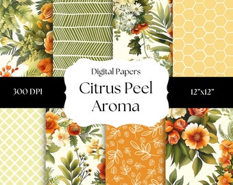 Citrus Peel Aroma Digital Papers, Summer Patterns, Floral Backgrounds, Scrapbooking Papers, Journal Sheets, Planner Inserts, Yellow, Orange