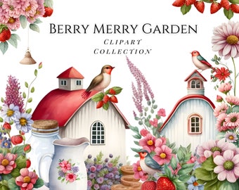 Graphiques Aquarelle, Berry Merry Garden, Clipart estival, Graphiques De Jardin, Autocollants, Fleurs De Printemps, Nichoirs