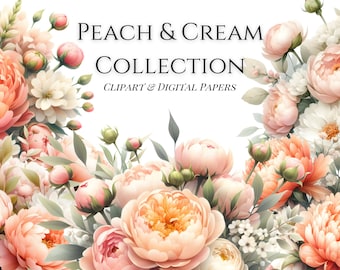 Peach Flower Clipart, Floral Graphics, PNGs, Scrapbooking, Digital Planner, Sticker Graphics, Digital Papers, Pastel Watercolor Graphics