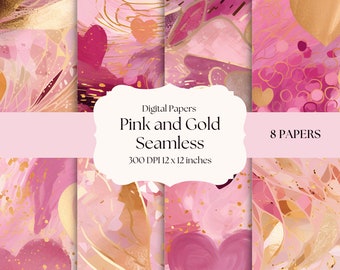 Pink and Gold Digital Papers, Valentine’s Day Seamless Background, Pink Hearts and Swirls, Pink Tumbler Sublimation Pattern