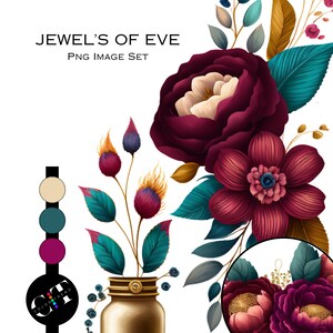 Clipart ad acquerello, fiori dai toni gioiello, Png, clipart per uso commerciale, sublimazione, diario spazzatura, grafica adesiva, scrapbooking digitale