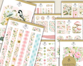 Blush Cottage Garden Stickers – Floral Planner Stickers, Vintage Botanical Sticker Sheets, Cottagecore Stickers - Set of 8 Sheets