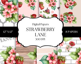 Papiers Numériques, Collection Strawberry Lane, Papiers De Scrapbooking, Images De Sublimation, Motifs Estivaux, Papiers Strawberry