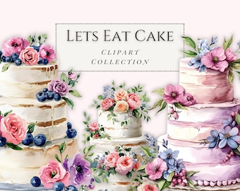 Clipart aquarelle pour gâteau décoré, Graphismes pour gâteaux de mariage, Graphismes pour gâteau d'anniversaire, Mangeons un gâteau, Décorations florales pour gâteaux, Illustration de gâteau