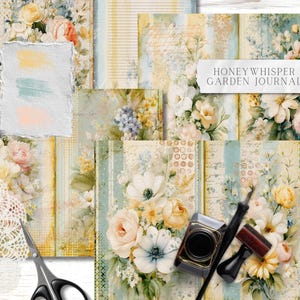 Kit de diário Floral Junk: páginas imprimíveis em amarelo e azul suave (download digital)