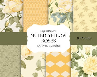 Yellow and Green Digital Papers, Yellow Roses Digital Backgrounds, Seamless, Printable Digital Papers, Spring Patterns, Printable Papers
