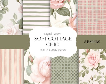 Papiers numériques Shabby Chic, arrière-plans sans couture à motif de couleur douce, rose et vert, motifs de sublimation de gobelet de fleurs de printemps, Cottagecore