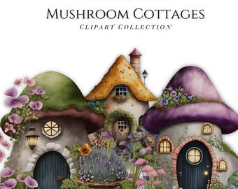 Watercolor Clipart, Cottagecore, Mushroom Cottages, Commercial Use Clipart, Scrapbooking, Forest Mushrooms, Planner Graphics, PNG Graphics