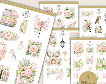 Blush Cottage Garden Stickers Set #2 – Floral Planner Stickers, Vintage Botanical Junk Journal Stickers, Cottagecore Sticker Sheets