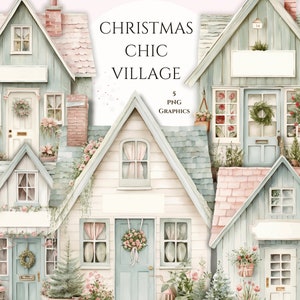 Aquarel clipart, kerstvakantiehuizen, png, commercieel gebruik, shabby chic kerst, trending kerstafbeeldingen, pastel kerst