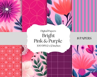Pink & Purple Digital Papers, Bright Color Patterns, Seamless Backgrounds, Printable Digital Papers, Summer Digital Patterns, Bright Florals