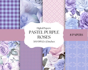 Soft Spring Color Digital Papers, Pastel Purple Digital Backgrounds, Seamless, Pastel Roses Digital Papers, Printable Scrapbook Papers