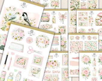 Blush Cottage Garden Stickers, Floral Planner Stickers, Vintage Botanical Sticker Sheets, Junk Journal Stickers, Cottagecore Stickers