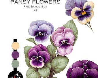 Watercolor Clipart, Pansy Flowers, Pngs, Purple, Commercial Use Clipart, Scrapbooking, Flowers, Trending Graphics, Sticker Graphics, Spring