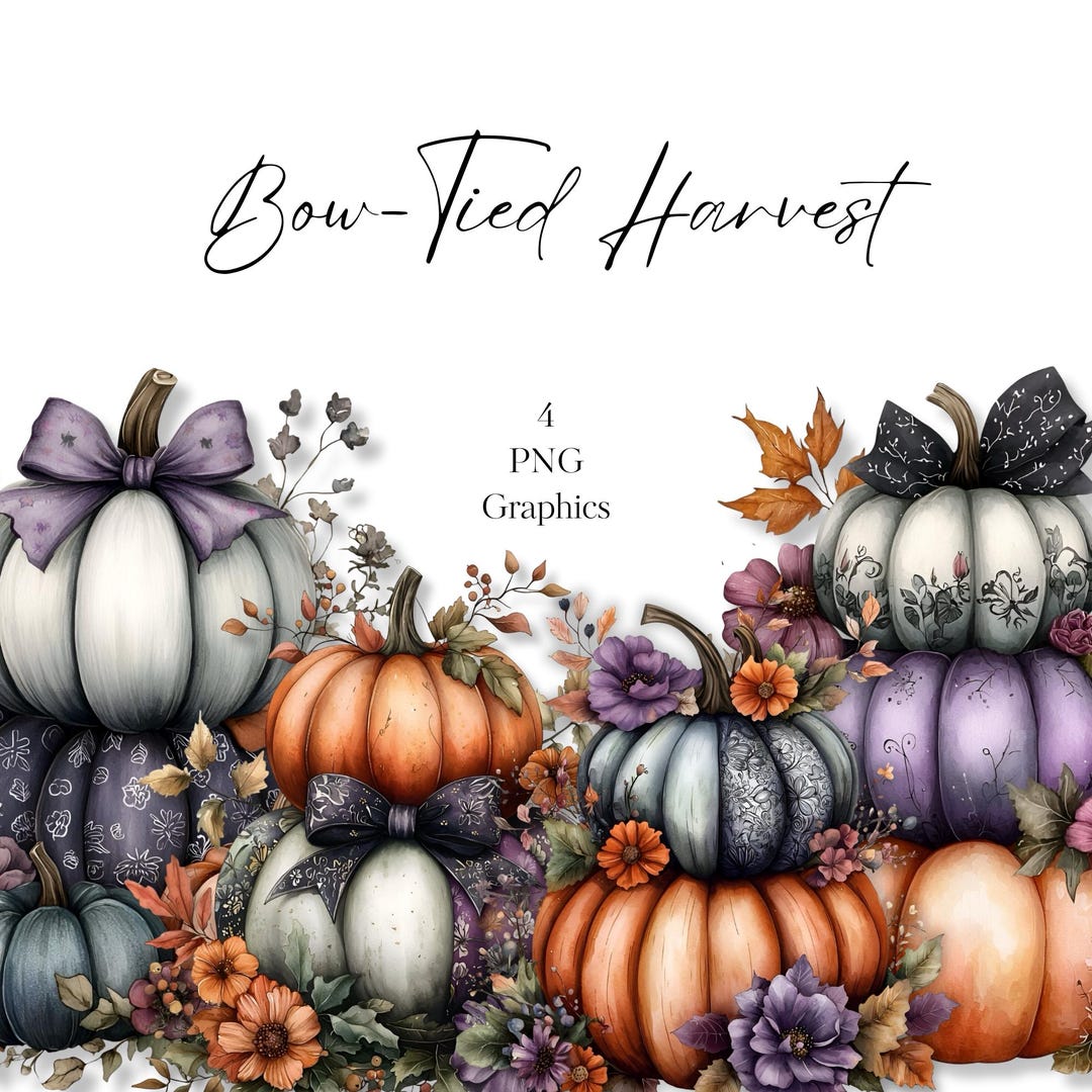 Bow-tied Harvest Pumpkin Clipart | PNG Autumn Pumpkins With Florals ...