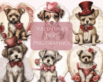 Clipart Saint-Valentin, chiens victoriens, clipart usage commercial, scrapbooking, graphismes mignons tendance, graphismes autocollants, autocollants numériques