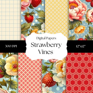 Strawberry Vine Digital Papers, Summer Patterns, Floral Backgrounds, Scrapbooking Papers, Journal Sheets, Stickers, Planner Inserts