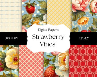 Strawberry Vine Digital Papers, Summer Patterns, Floral Backgrounds, Scrapbooking Papers, Journal Sheets, Stickers, Planner Inserts
