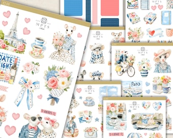 French Paris Stickers Set, Cute Mouse Stickers, Paris Planner Stickers, Romantic Scrapbook Stickers, Wedding Planner Kit