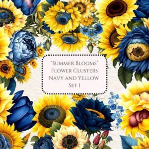 Aquarel clipart, blauwe en gele bloemclusters, png, commercieel gebruik clipart, scrapbooking, trending graphics, sticker graphics, lente