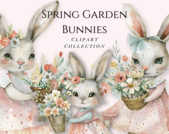 Clipart aquarelle de Pâques, Pngs de lapin de jardin, des cliparts à usage commercial, sublimation, graphiques tendance, graphiques autocollants, lapins de printemps