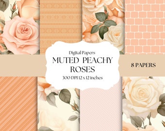 Soft Peach Digital Papers, Peach Roses Digital Backgrounds, Seamless, Printable Digital Papers, Spring Trending Patterns, Printable Papers